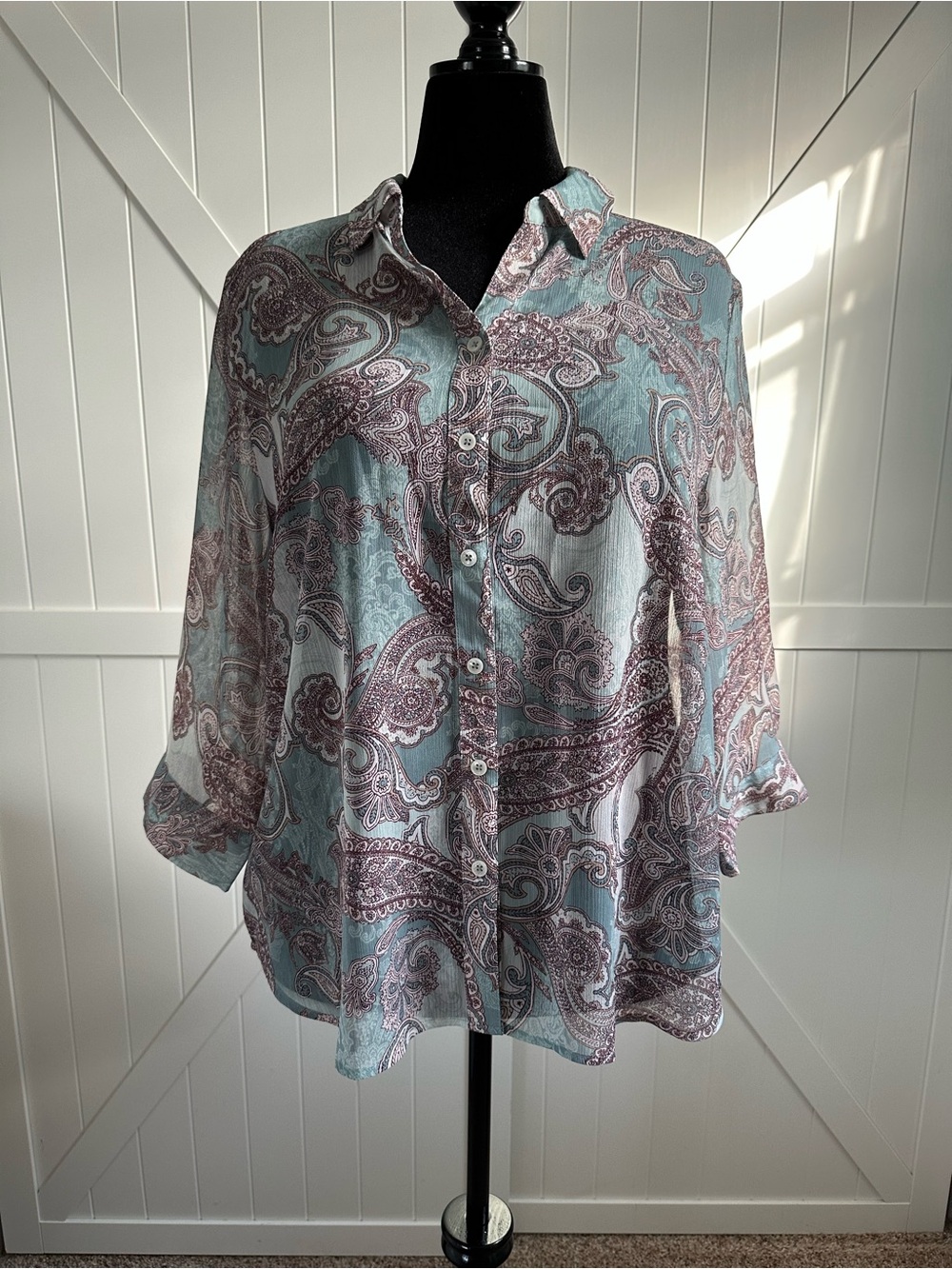 Chico’s Size 3 Vintage Scrolls Paisley Sheer Button Front Blouse NWT SZ XL 16